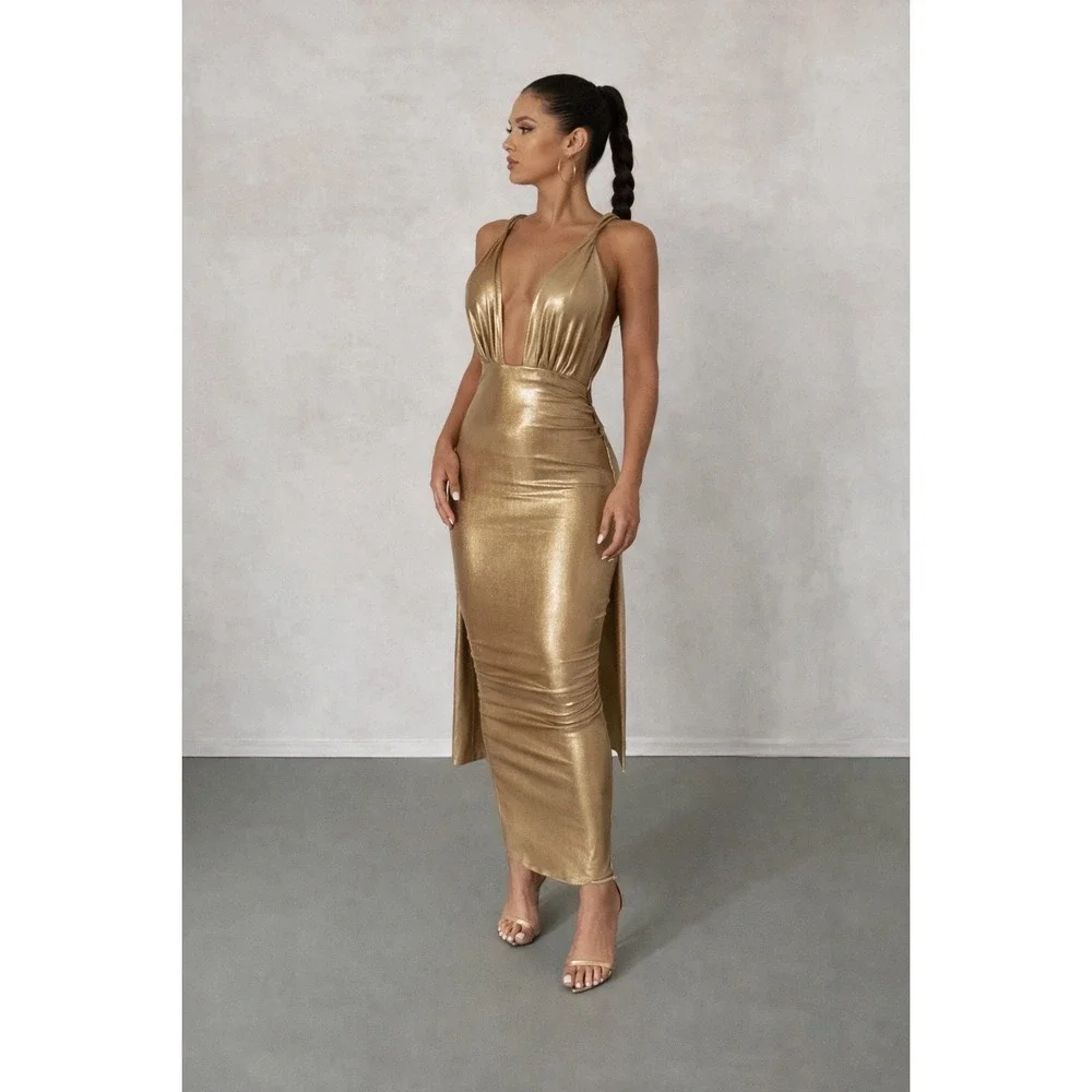 Micas Metallic Gold Open Back Midi Dress‎ size M